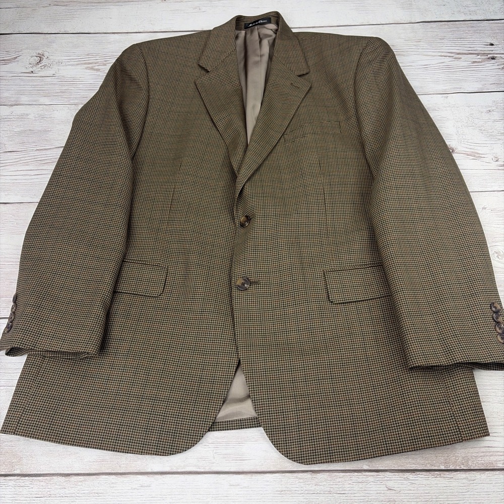 CHAPS Men's 46R Brown Houndstooth Sport Coat Suit Jacket Blazer 100% Wool EXC